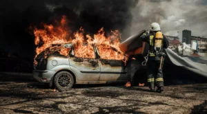 Momente de panică! O mașină de Poliție a luat foc din senin, polițistul a sărit imediat de la volan