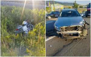 Accident violent! Motociclist, preluat de medici după impactul cu un autoturism în plină depășire