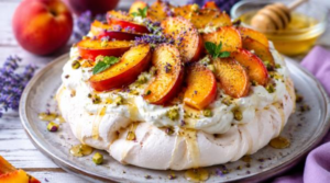 Desertul vedetă al lunii iulie! Rețeta fină de Pavlova cu piersici coapte, miere și lavandă care face furori!